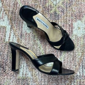 Manolo Blahnik Criss Cross Leather Suede Strap 90mm Heel Sandals Black Size 38